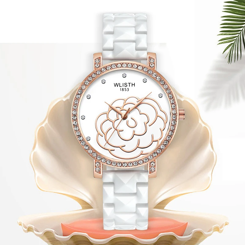 

WLISTH Elegant Flower Women Pointer Analog Quartz Watch Fashion Accessories Ceramics Strap Waterproof Wristwatches Gift Box