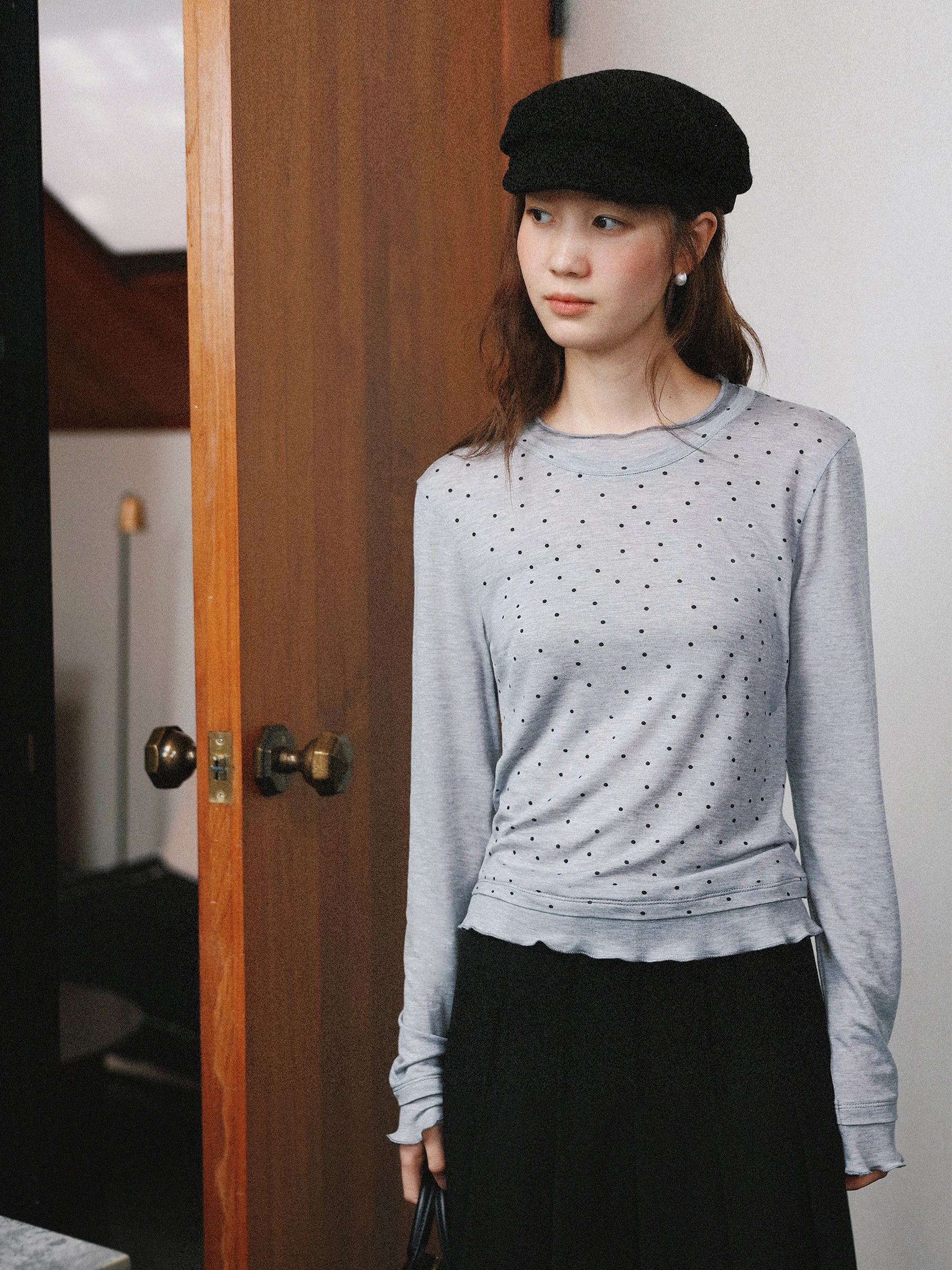 MUNNS RUIXI Vintage Polka Dot Wool Long Sleeve T-Shirt Gray Base Layer Shirt Breathable Skin-Friendly Chinese Production
