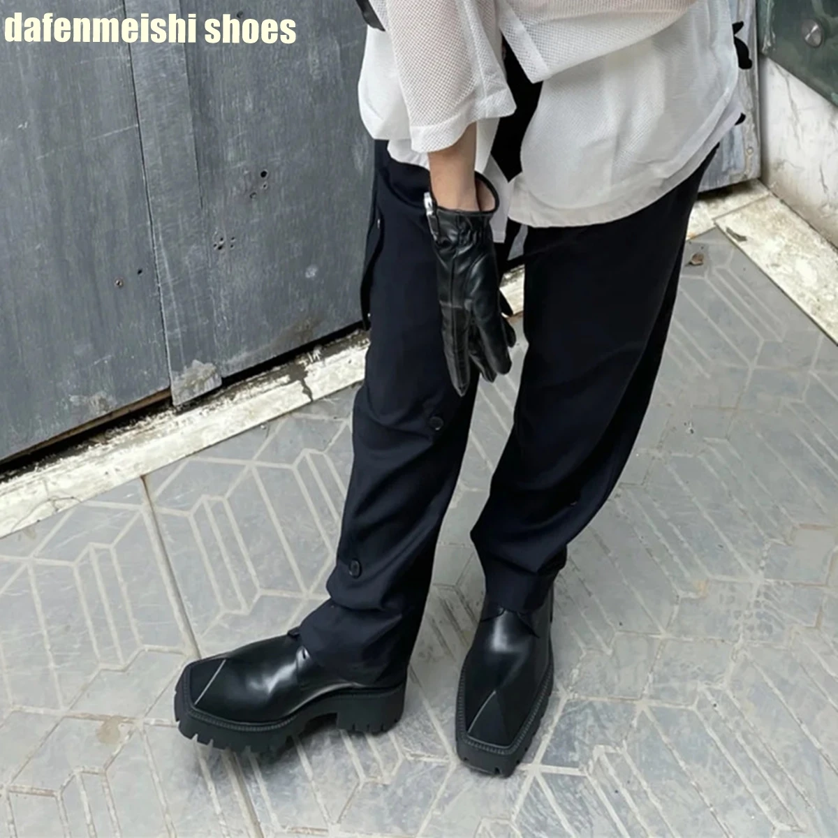 Rhino Horn Platform Real Leather Shoes for Women Black Lace Up Square Toe Fashion Shoes 2026 New Novelty Derby Shoes