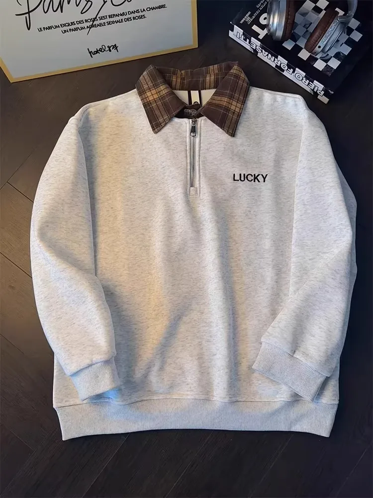 

Retro American Plaid Collar Sweatirt Women's Loose Fit Spring Autumn Zipper f Open Slimming Couple Tops Casual Wear