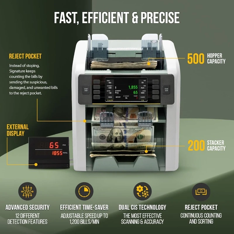 Bank-Grade Money Counter Machine Mixed Denomination | 2-Pocket Cash Counter Machine, Currency Discriminator