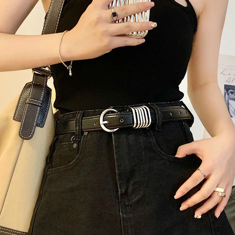 Black Leather Belts Cool Needle Metal Buckle Two-layer Cowhide Belt for Women Man Personalized Belt for Jeans Casual Pants Dress