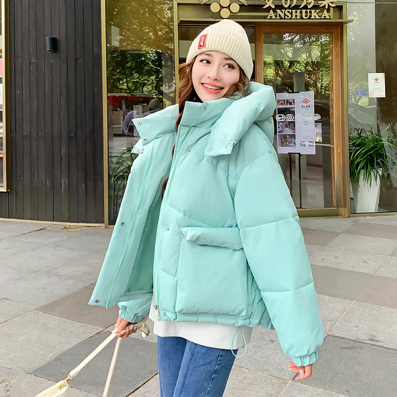 Women's Zipper Loose All Match Cotton Coat Ladies Autumn Winter Stand Collar Solid Color Parka Big Pocket Button Jacket Parkas