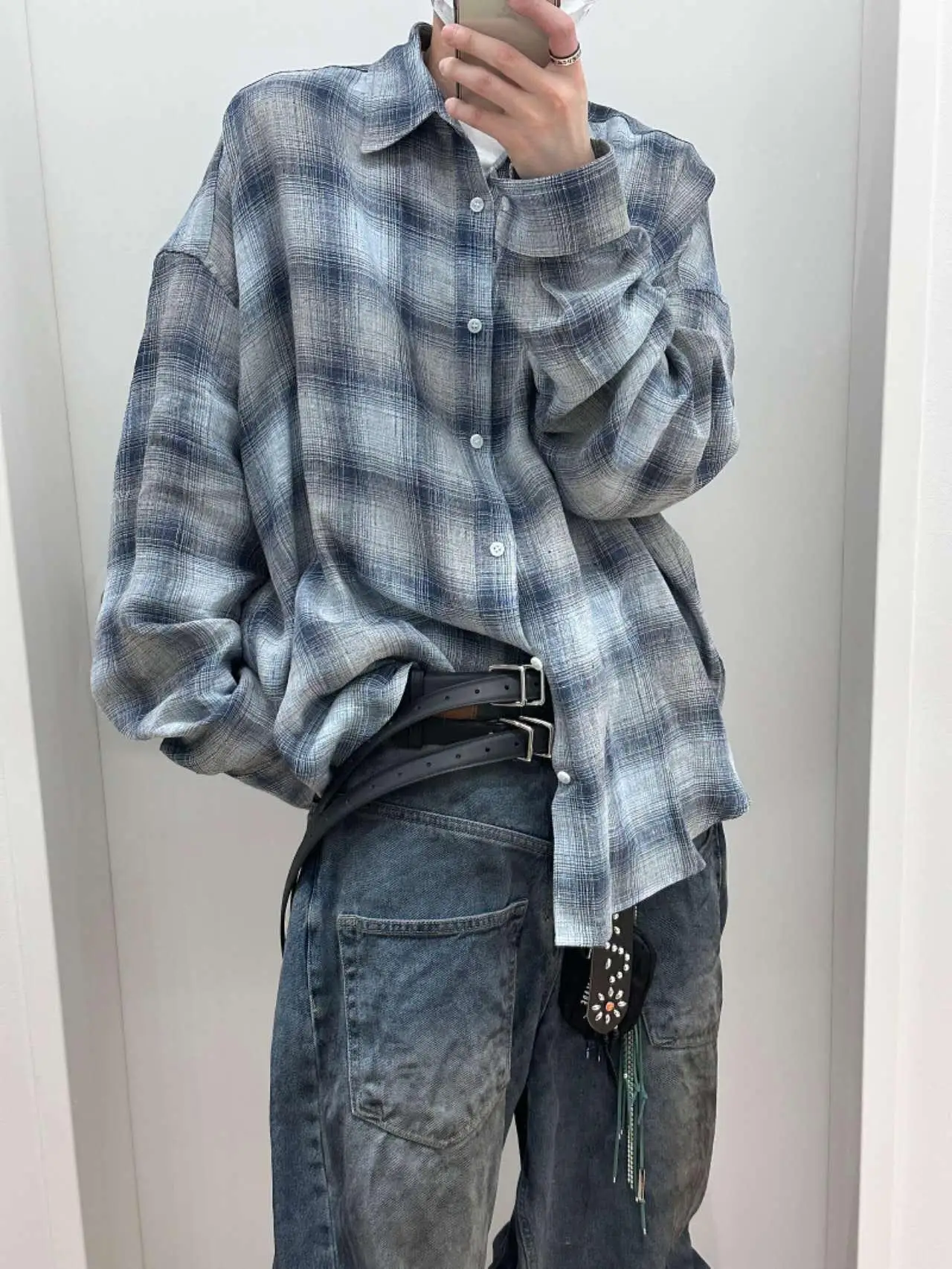 

adual Blue ey Linen Long Sve irt Vintage ape Korean Sle Aosphere Feeling Rebuild by Needles Men's irt
