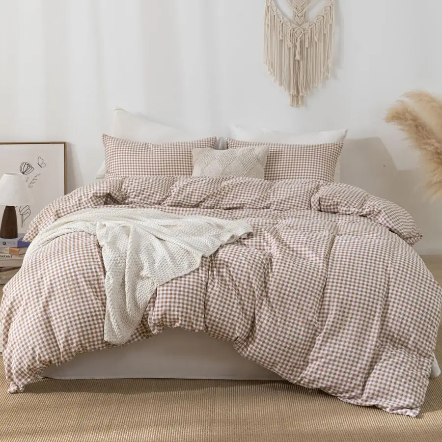 

Комплект постельного белья из гингемской ткани: пододеяльник, 3 предмета, коричневый клетчатый узор, винтажный стиль, предварительно выстиранный, очень мягкий, комфортный, дышащий