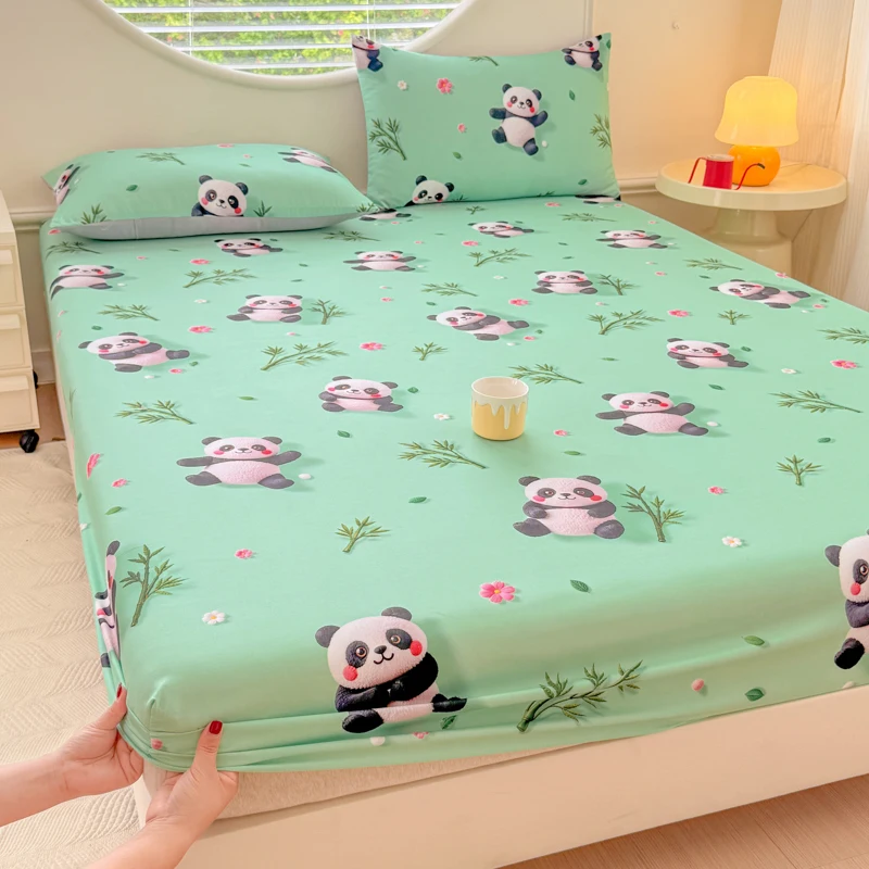 Panda Printed Fitted Bed Sheet with Elastic Queen/King 5D Digital Printed Bed Sheets Cool Feeling and Brushed Mattress Protector