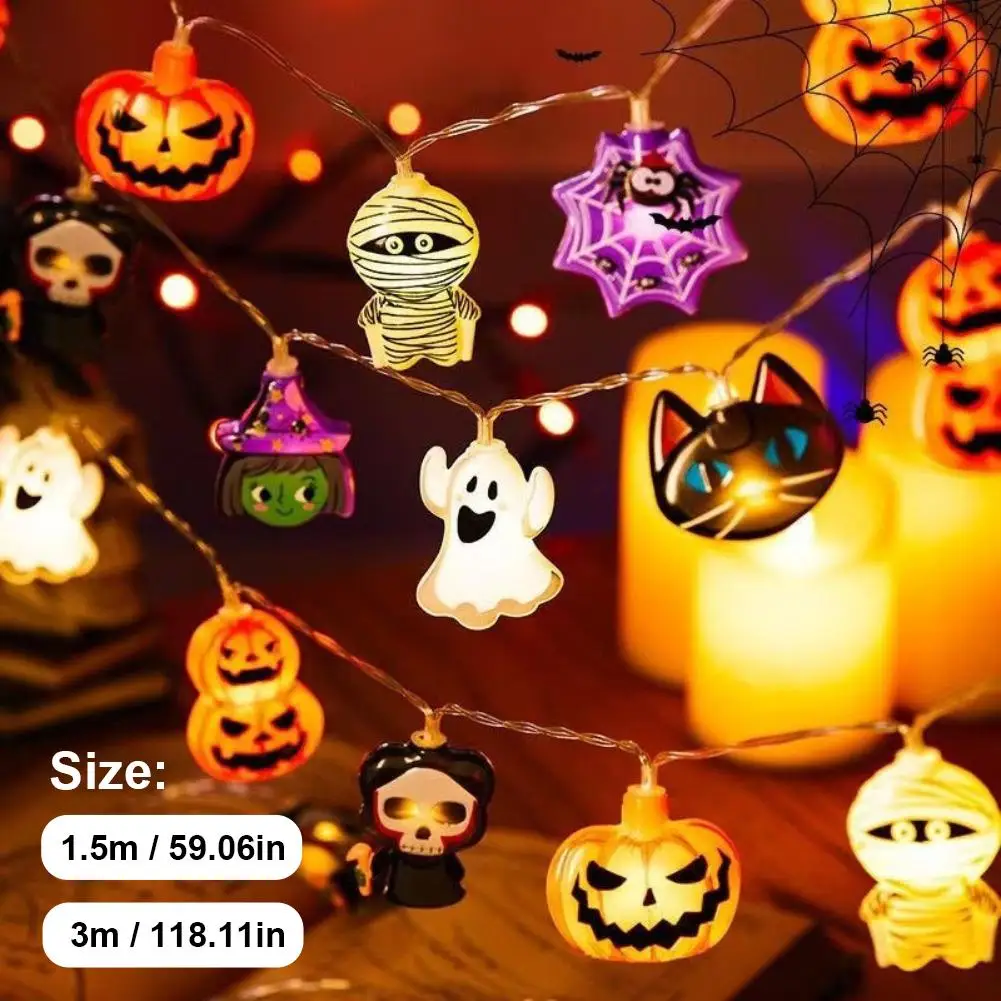 Halloween LED String Lights Pumpkin Ghost Spider Shapes Battery Operated IP44 1.5M/3M Spooky Festival Decor Flashing Fairy Light
