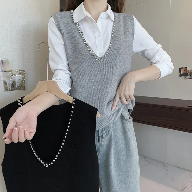 2024 Autumn and Winter Diamond Studded V-neck Vest Gray Casual Knitted Pullover Vest Elegant Office Lady Sweater Vest 31094