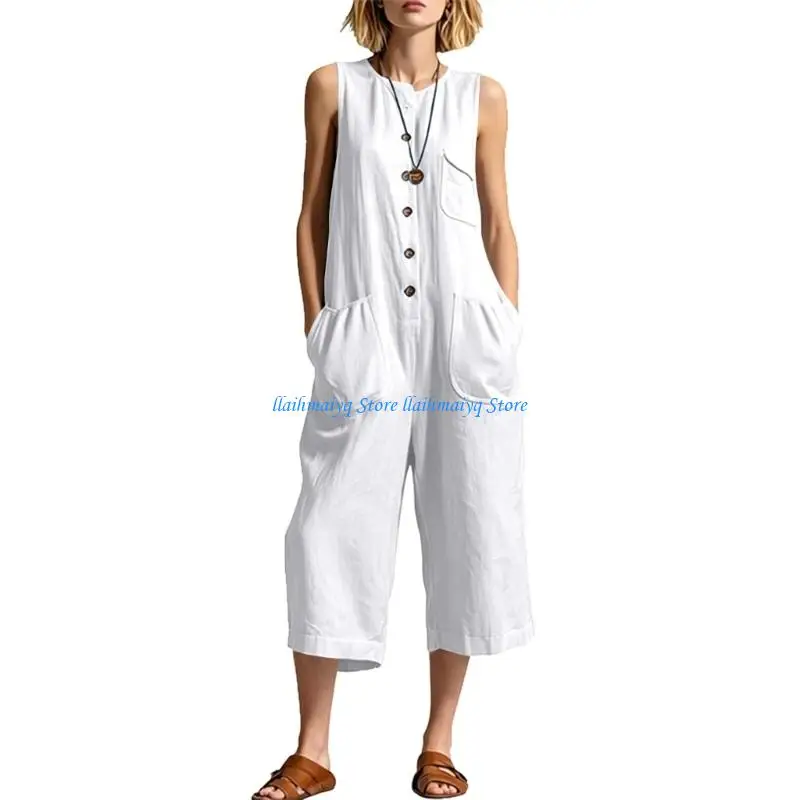 573B Women's Dungarees Cotton Linen Jumpsuit Sleeveless Rompers