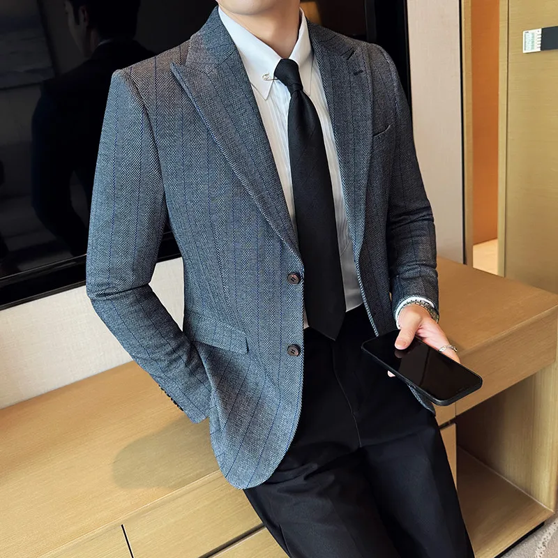 

Мужской пиджак в елочку с классическим воротником, элегантный приталенный крой, модный повседневный деловой пиджак для торжественных мероприятий