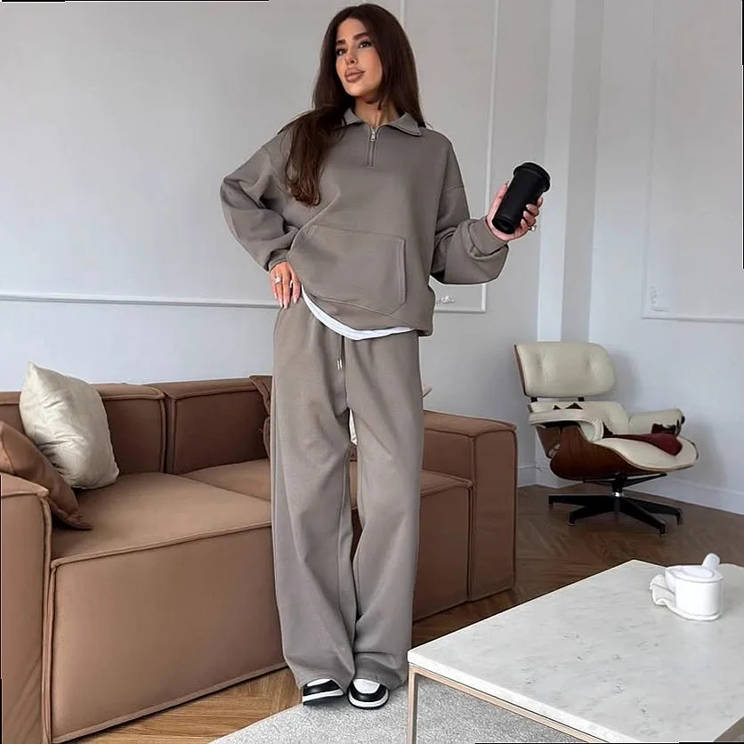 Women Casual Cotton Sets Zip Up Hoodie Pullover Drawstring Wide Leg Pants 2 Piece Matching Set