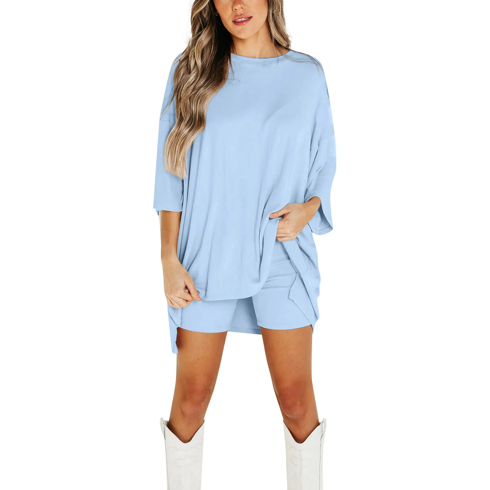 Two Piece Solid Color Basic Versatile Daily Life Plus Size Round Neck Short Sleeves Drop Shoulder Top And Loose Shorts Set For F