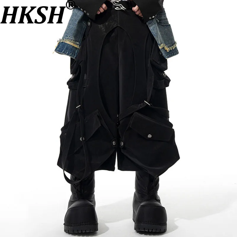 

HKSH Spring Summer New Man Heavy Deconstructed Design Dark Loose Hollow Out Pockets Trend Fashion Punk Calf-Length Pants HK14251