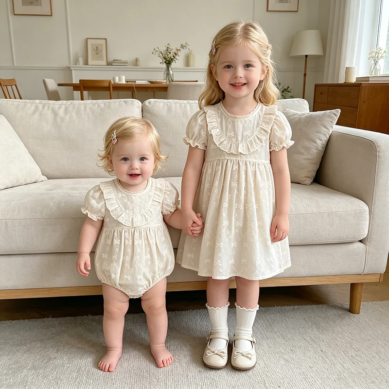2026 Sommer 0-24M Baby Mädchen Spitzenkragen Schleifenstickerei Strampler 2-6 Jahre Kinder Süßes Party-Kleid mit kurzen Ärmeln Schwesterkleid