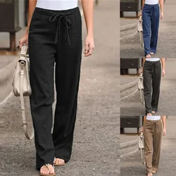 Women Cotton Linen Pants 2023 Summer Fashion Elastic Waist Loose Straight Pants Female Casual Solid Color Ankle-length Trousers