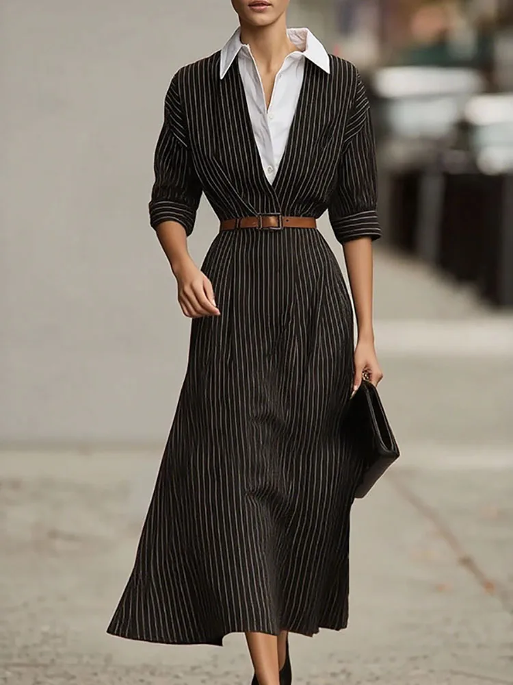 우아한 스트라이프 프린트 라펠 칼라 셔츠 드레스 패션 배색 포켓 롱 드레스 캐주얼 긴팔 버튼 파티 드레스