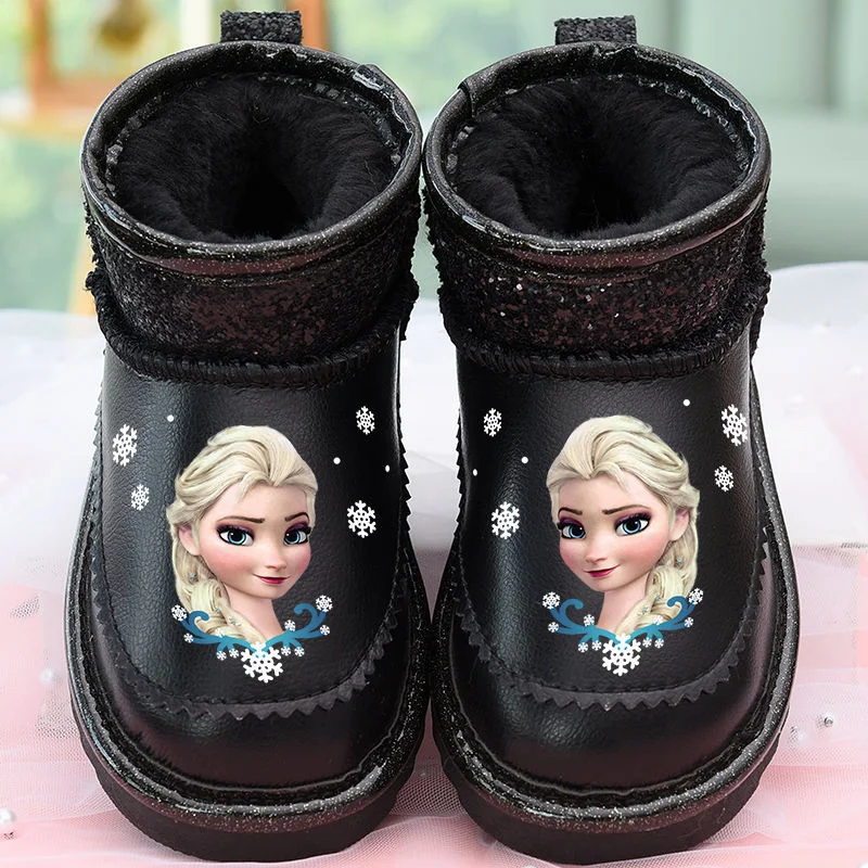 Disney Princess Girls Frozen Winter Snow Fur Leather Boots Water Shoes Non-slip Purple Rose Red Warm Shoes Size 26-37