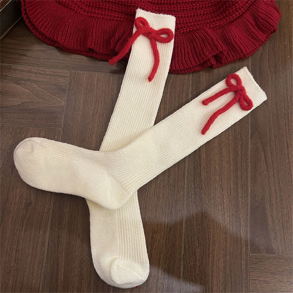 Women Winter New Sweet Cute Christmas Red Cashmere Bow Stockings Y2K Hot Girls Retro Deer Velvet Warmth Mid-tube Pile Socks Gift