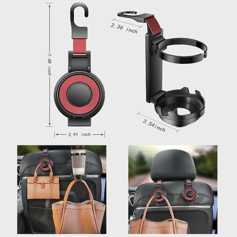 3-In-1 Car Seat Back Universal Hook Car Multi-Function Hook Storage Rack Cup Holder Women's Handbag Hanging Storage Fixed Hook