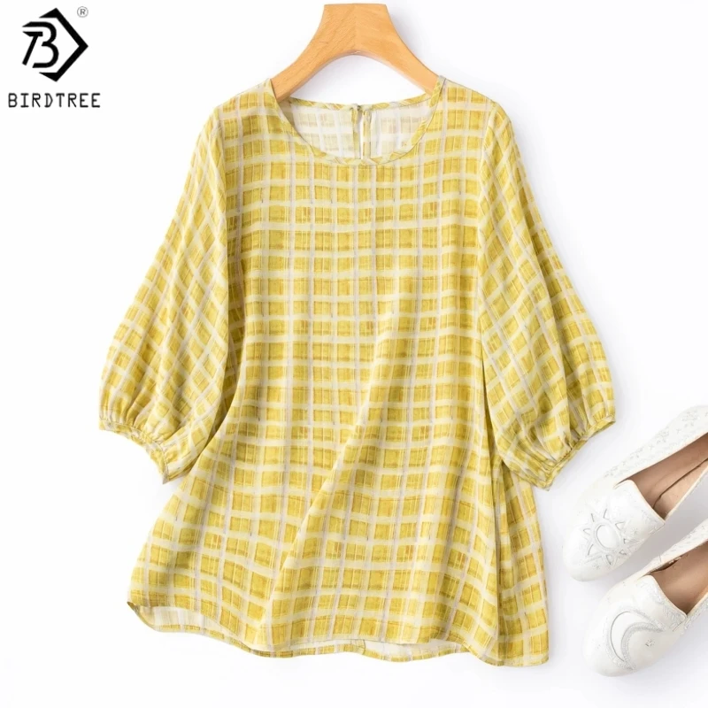 

Birdtree, 100% Real Silk Plaid Tshirt,O-neck Lantern Sleeve Tops, Women's Double Crepe Loose Shirt, 2026 Summer New T65324JF