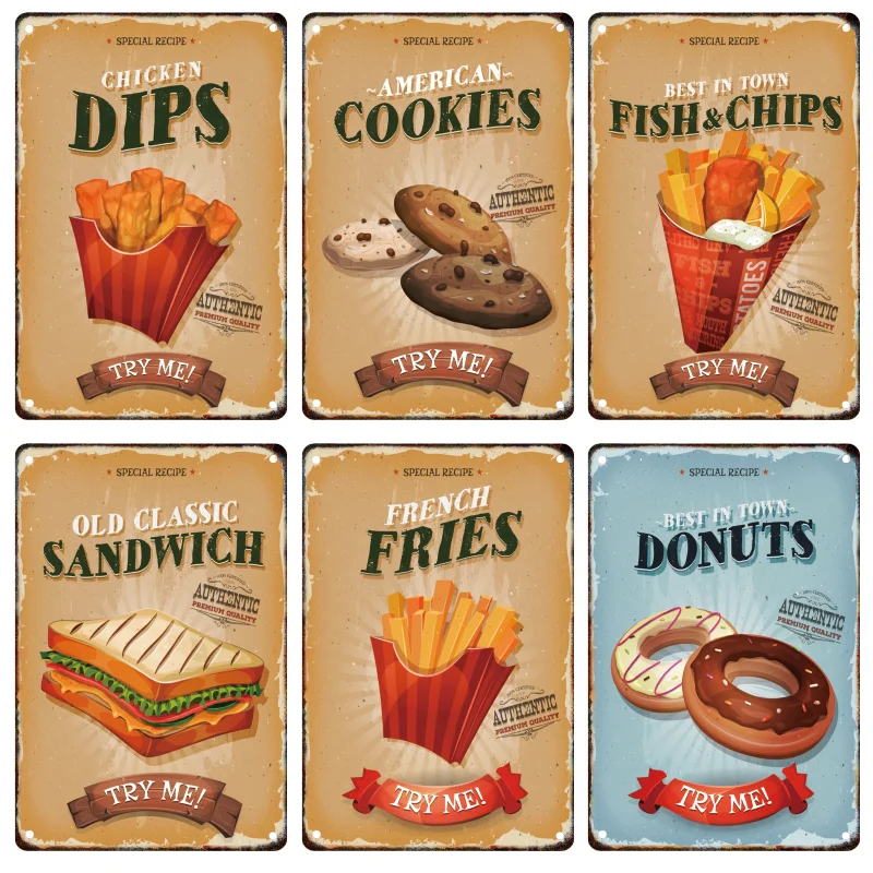 Hamburger Fries Metal Poster Signage Tin Painting Vintage Food Advertising Plaque Home Kitchen Restaurant Wall Art Decor Mural