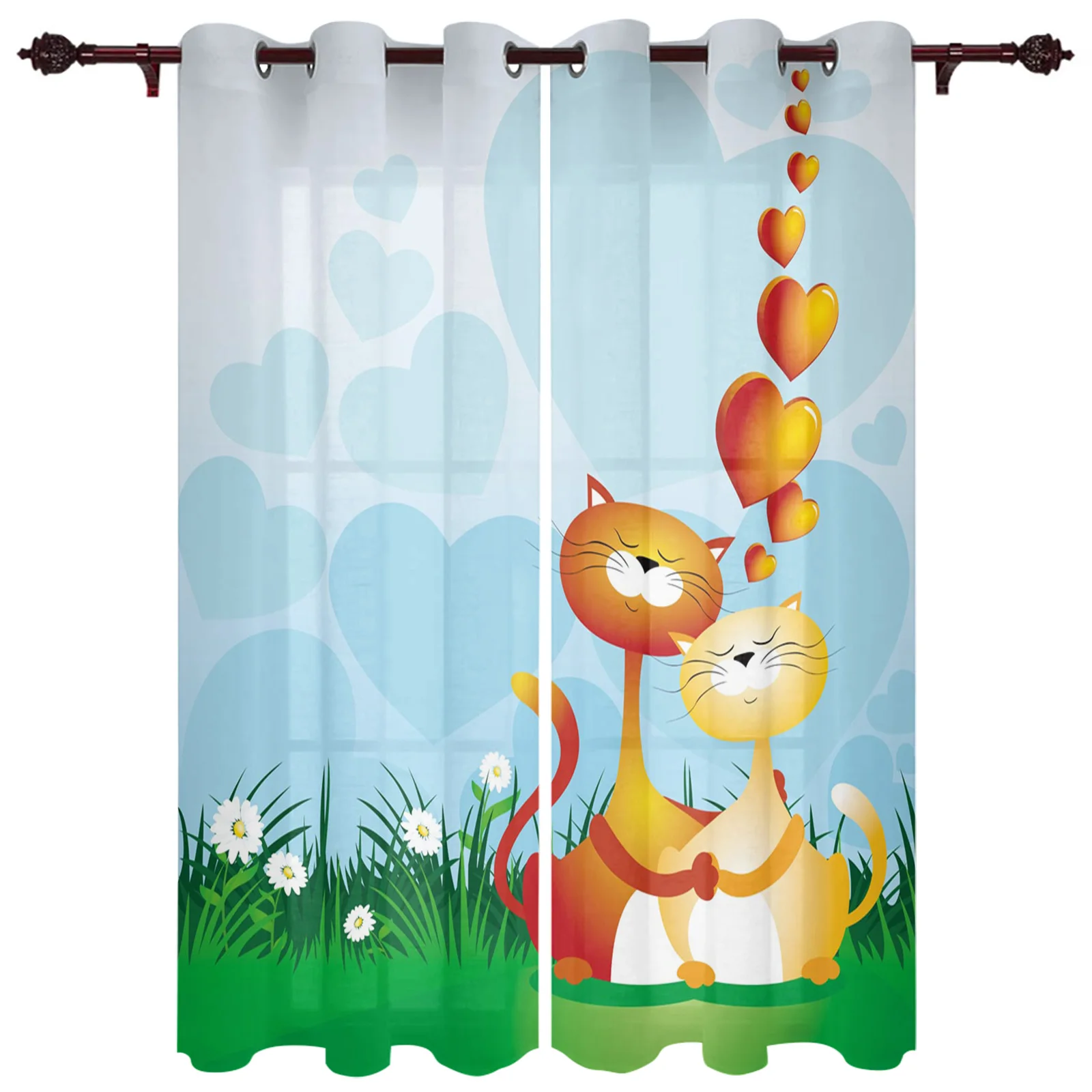 Cat Love Grass Cartoon Window Curtains In The Living Room Kitchen Window Curtain Hotel Open Drapes Printed Window for Bedroom