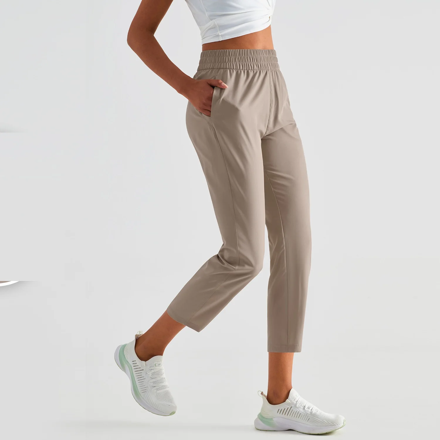 Cor sólida feminina cintura alta fina de secagem rápida proteção solar solta calça esportiva fitness yoga leggings jog com bolsos respirável