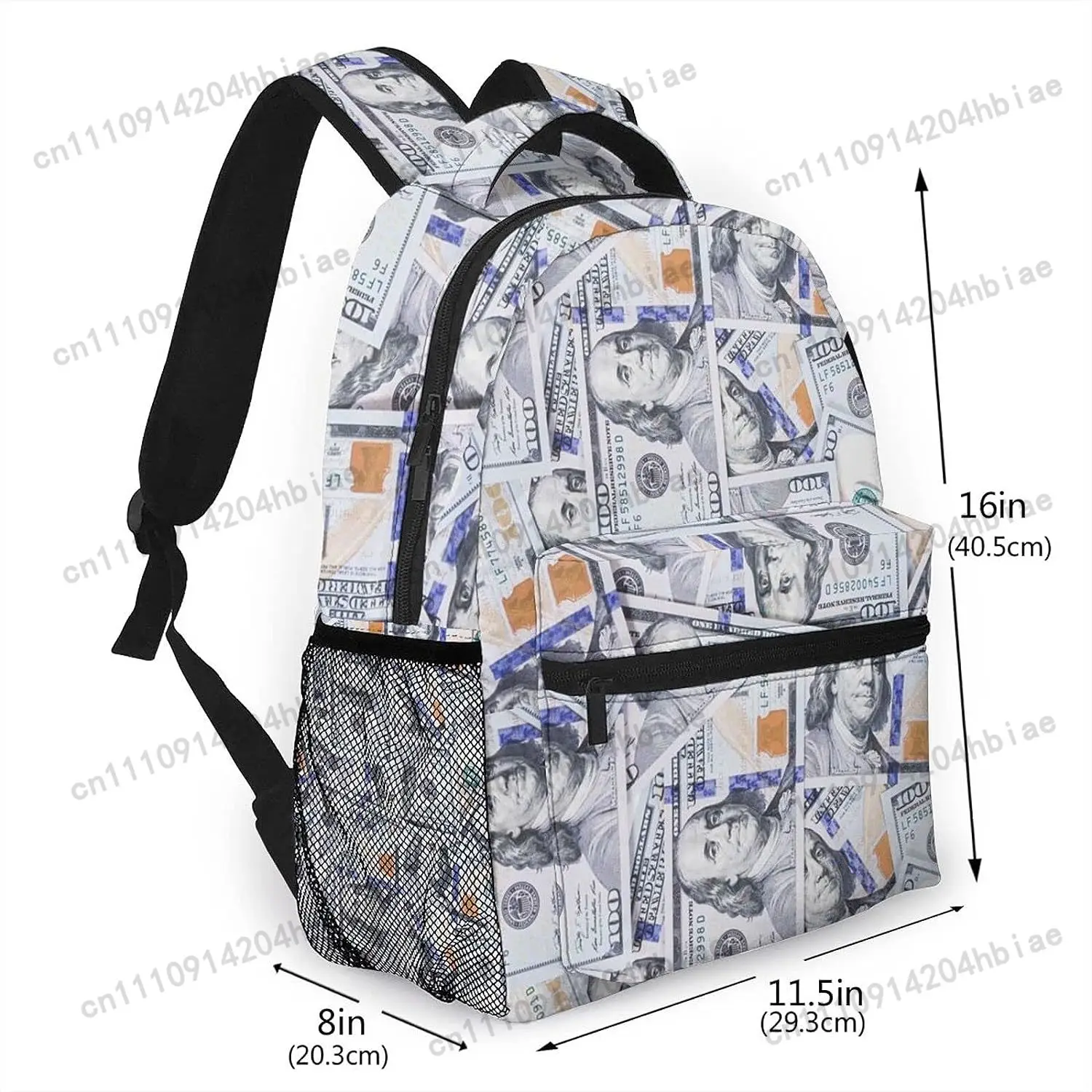 100 Dollar Bill Money Casual School Backpack Portable Daypack for Outdoor Sports Travel Bag 16 Inch,One Size