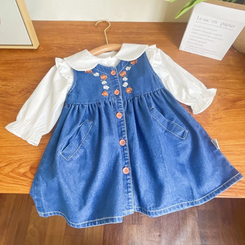 

Autumn New Girls' Two-Piece Embroidered Denim Vest Skirt and Love Shirt SuitWS