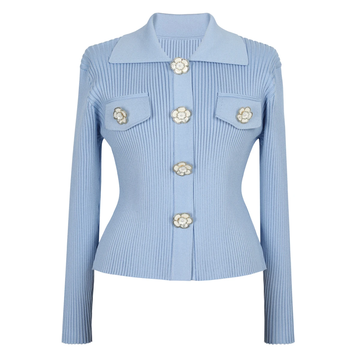 Primavera y otoño nueva moda de alta calidad camisa de punto con botones de flores cuello de manga larga cárdigan de lana para mujer abrigo superior