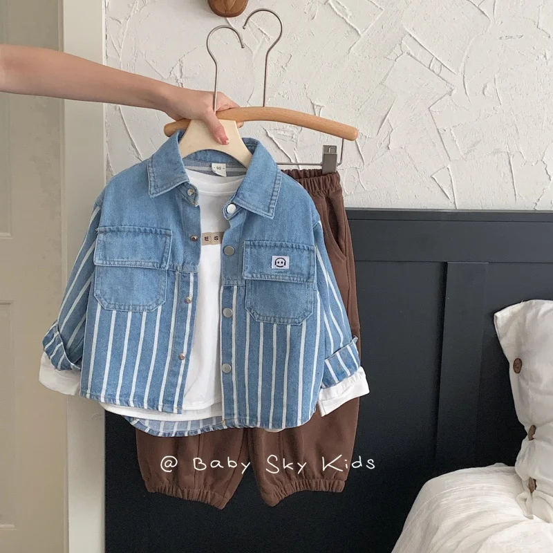 

Children's Denim Jacket2024Spring Boys' Vertical Stripes Casual Denim Shirt Handsome Fashion F0318-WS