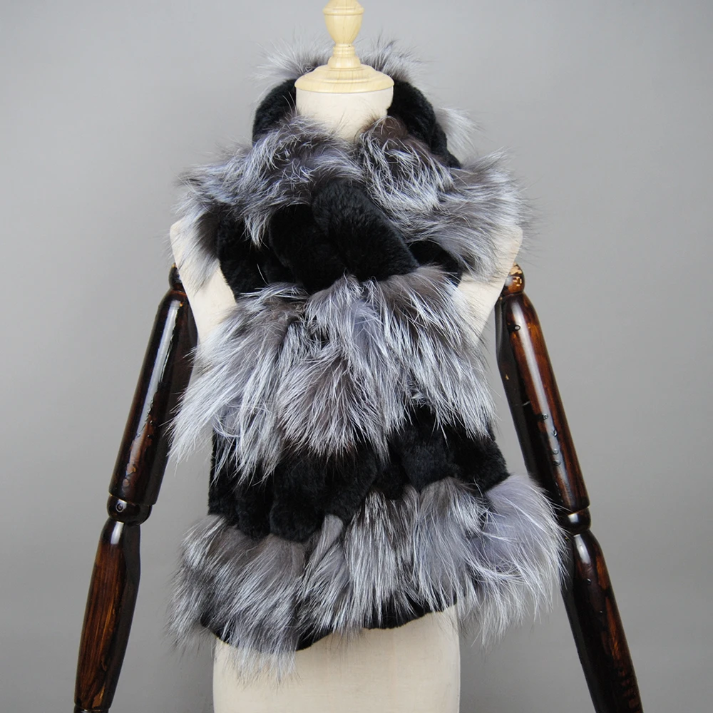 Winter Knitted Rex Rabbit Fur Scarf With Silver Fox Fur Women Fashion Warm Thick Female Winter Fur Scarves Neck Warmer Femme