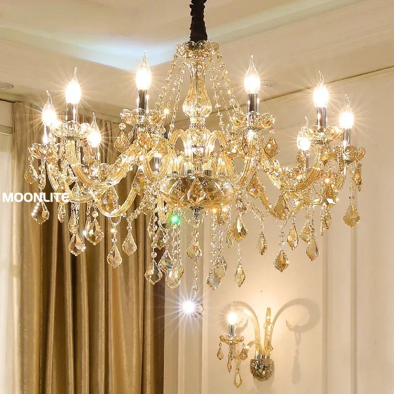 Modern Cognac Crystal Chandeliers Home Lighting lustres de cristal Decoration Candle Chandelier Pendants Living Room Indoor Lamp