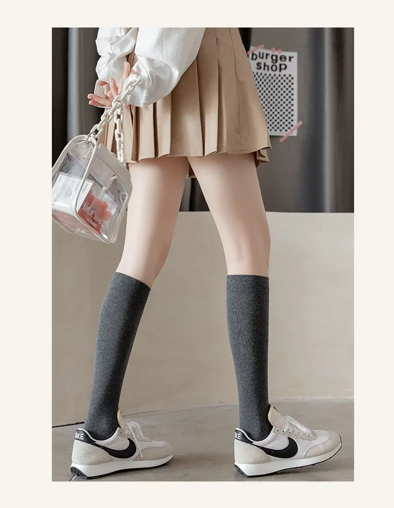 Basic Solid Grey Ribbed Calf Socks Women Elastic Stretch Simple All Match Daily Versatile Warm Knee High Knit Stockings