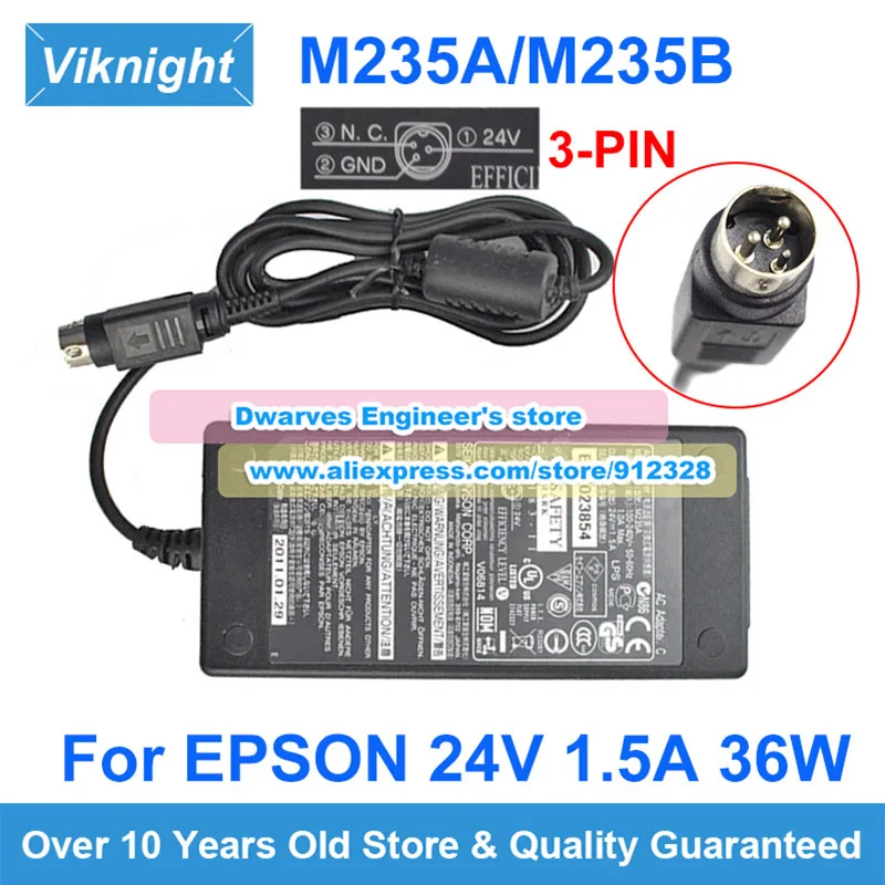 

Genuine 24V 1.5A 36W AC Adapter M235A M235B Charger for EPSON TM-U220 TM-U288 TM-T88II TM-88III M235B 3pins Power Supply