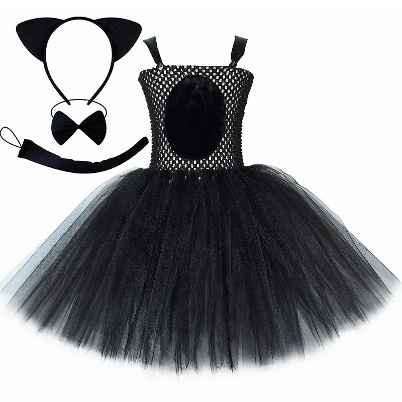 Cute Cartoon Cat Costume Girls' Tulle Dress, Princess Tutu Skirt for Children's Day Party & Performance, Halloween Stage Outfit