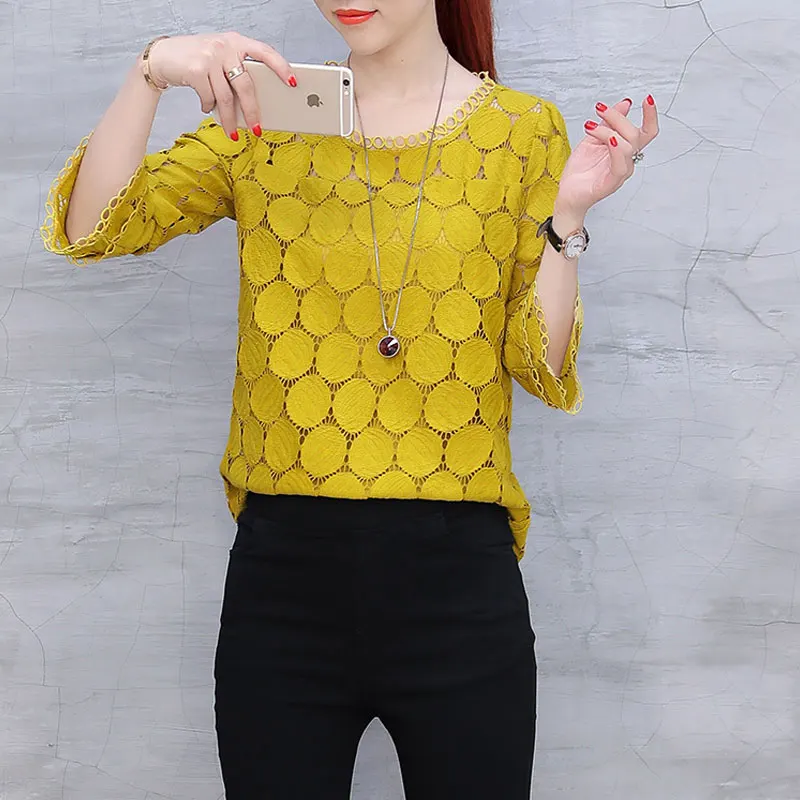 Stylish Polka Dot Spliced Hollow Out Blouse Casual 3/4 Sleeve Women\'s Clothing Spring Summer New Basic Round Neck Straight Shirt