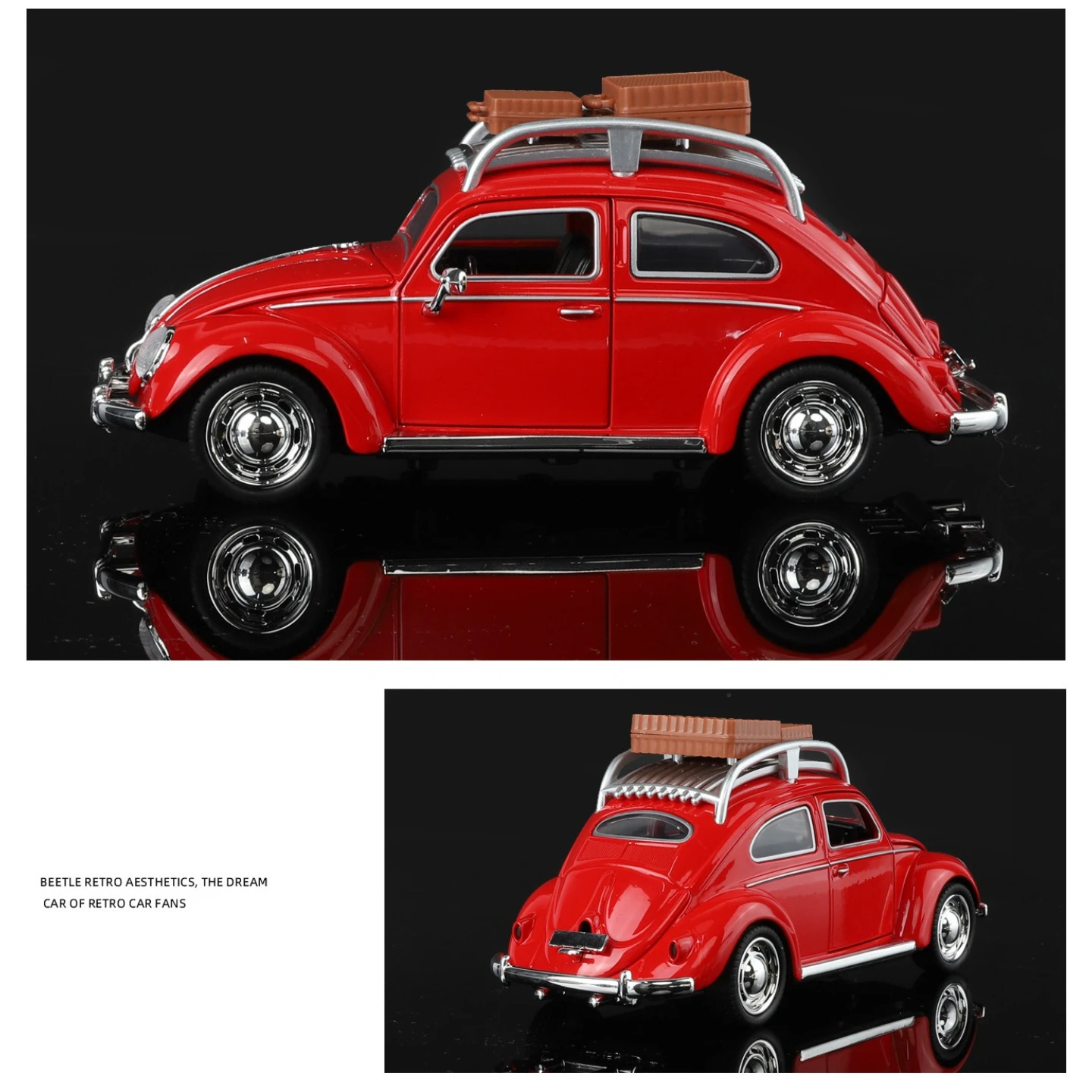 1:32 1955 Beetle Classic Car Toys Model Doors Openend with Sound Light Pull Back Metal Body Rubber Tire Vehice Children's Toys