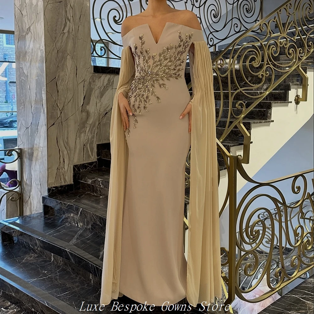 

Women's A-line Evening Dresses Floor-length Off The Shoulder Full Sleeve Prom Dresses Fashion Crystal Flowers Customized Gowns