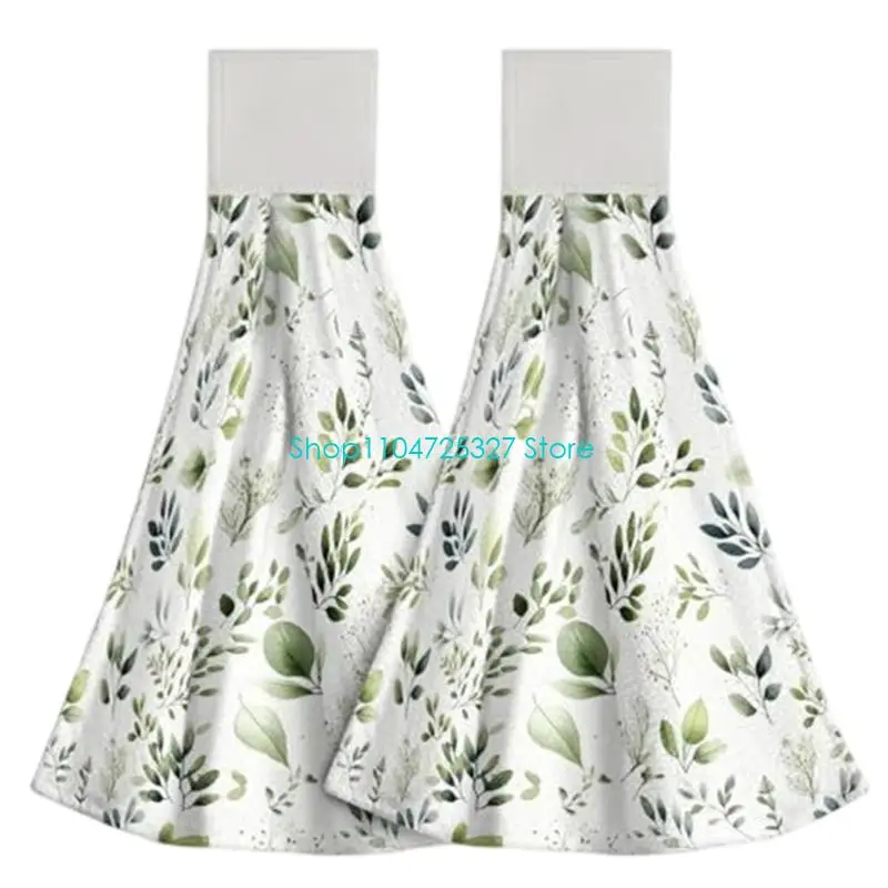 D8KF Leaf Pattern Kitchen Hanging Towel Decoraive Hand Tie Towels with Loop & Hook Soft Washcloth Set of 2 for Spa Gym Bath