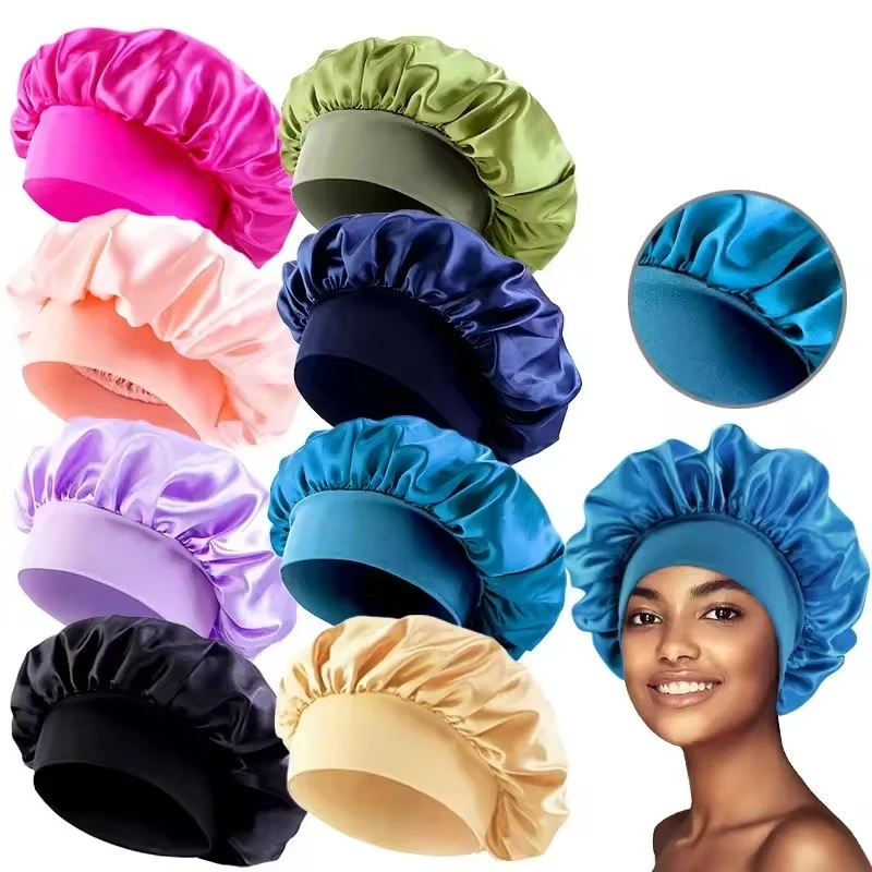 1/3pcs Satin Wide Brim Nightcap Silky Bonnet Hair Wrap for Sleeping Sleep Cap With Elastic Soft Band Cap Hair Wrapping Tool