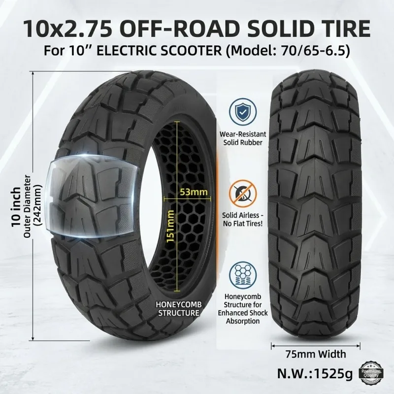 

Бескамерная внедорожная шина 10x2.75 / 70/65-6.5 с сотовой структурой, износостойкая, амортизирующая, для 10-дюймовых электросамокатов и балансировочных устройств