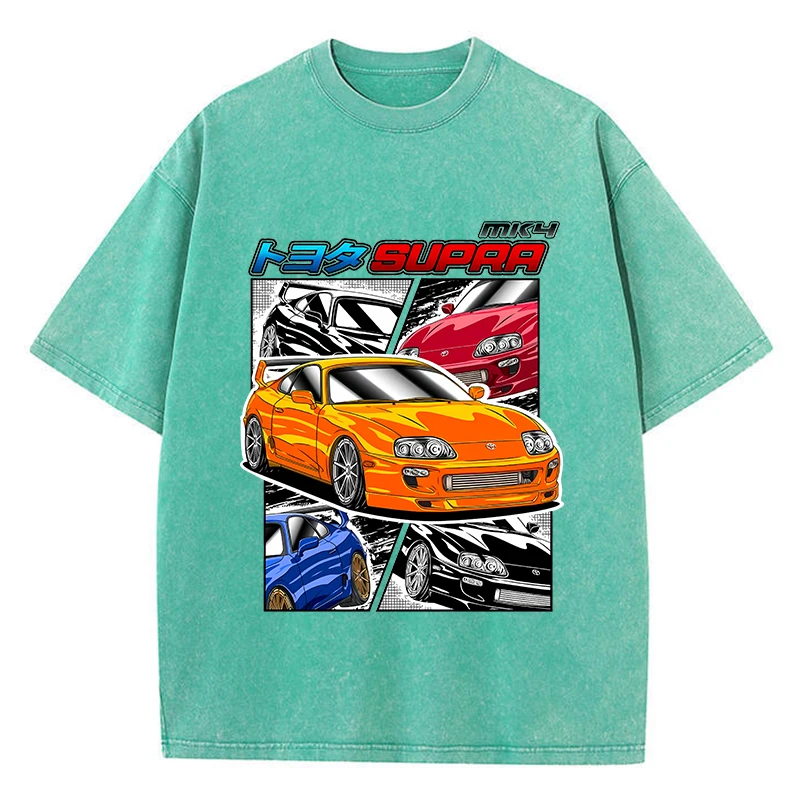Street Woman Washed T-Shirts Supra Racing Comic Print Short Sleeve Comfortable Cotton Oversize Tops Summer Casual Female Clothes