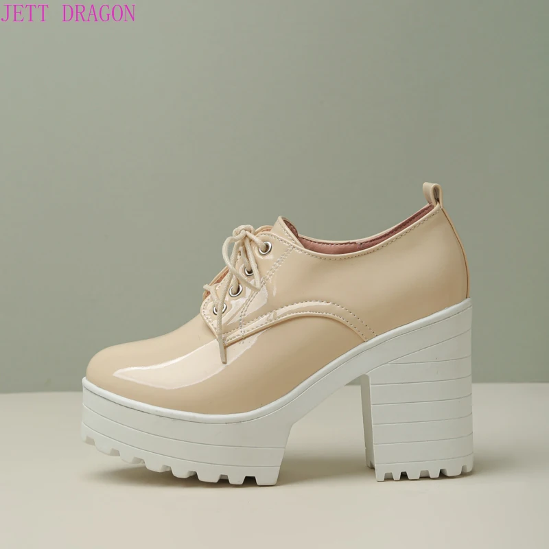 

Яркие женские туфли из лакированной кожи на шнуровке с круглым носком, непромокаемые дышащие лоферы на очень высоком толстом каблуке и платформе