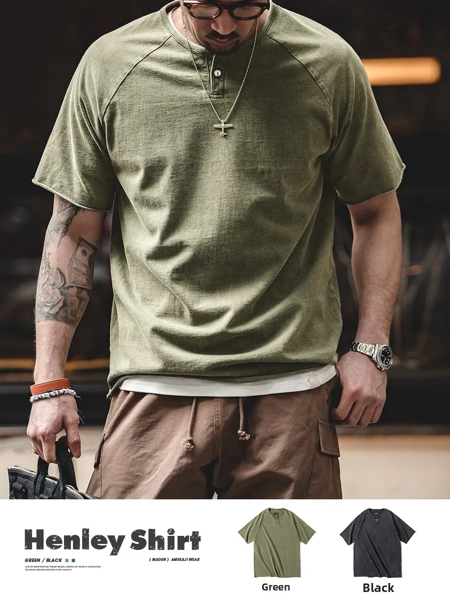 

Мужская летняя футболка Maden Workwear в американском ретро-стиле, с воротником хенли, эластичная, приталенная, короткий рукав, цвет хаки, для настоящих мужчин