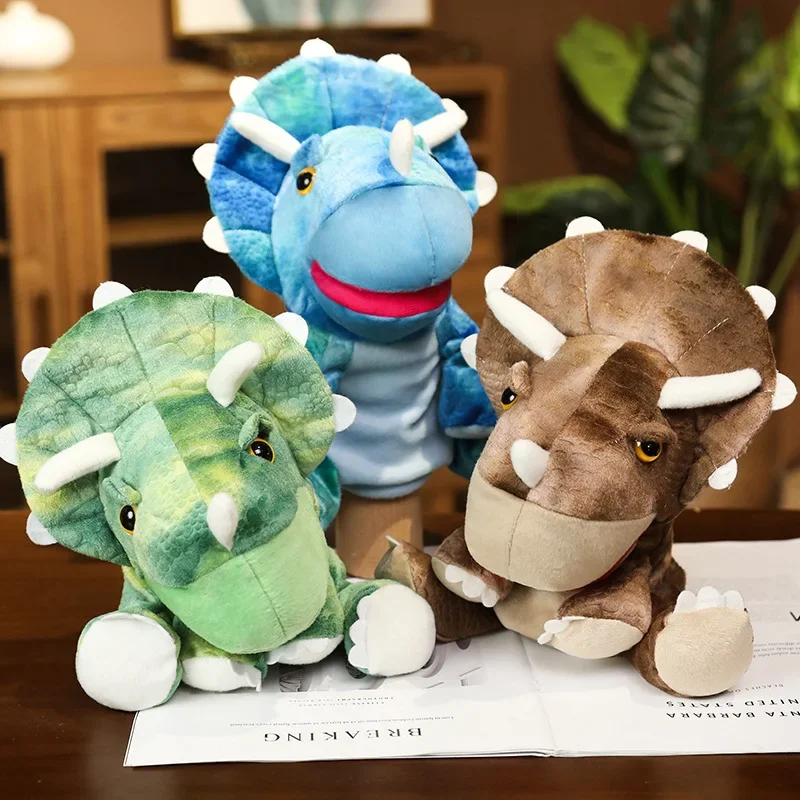 25cm dinossauro fantoche de pelúcia triceratops animal dos desenhos animados plushie pequeno três cores prop contar história presente interativo