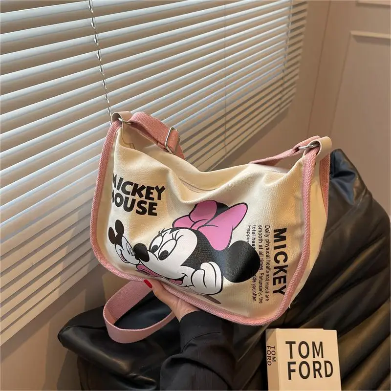 Disney Mickey Cartoon New Canvas Bag Fashion Large Capacity Women's Shoulder Saddle Bag Student Class Messenger Dumpling Bag