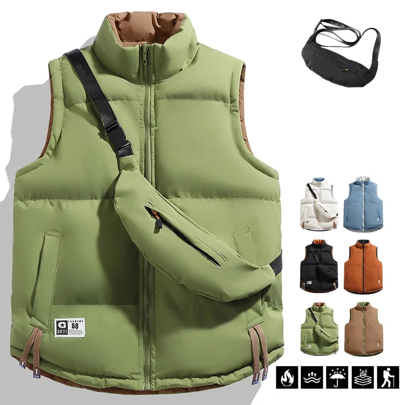Men's 2026 Reversible Vest with Crossbody Bag Stand Collar Cotton Sleeveless Jacket for Autumn Winter Casual Wear New