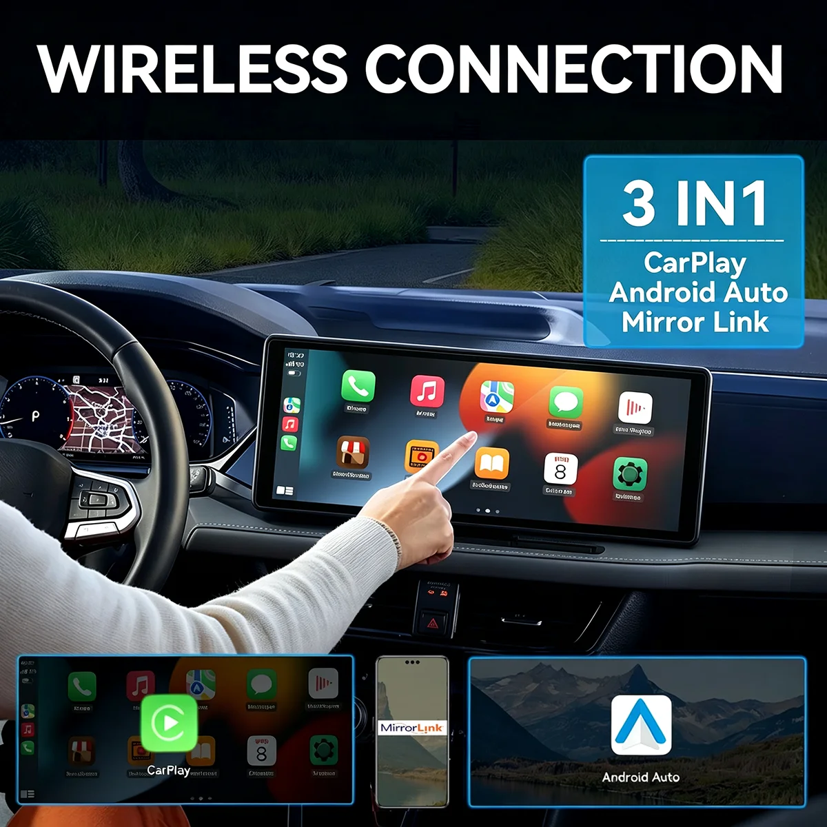 Universal Portable Wireless Carplay Screen for Car with Android Auto Touchscreen Car Stereo System