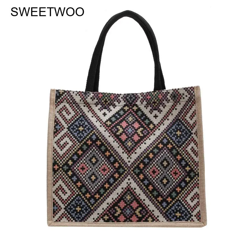 

Women Bohemian Geometric Print Tote Bag Large Capacity Linen Shoulder Purse for Travel